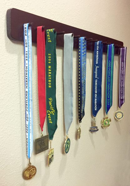 ActionCraftworks.com 17 peg, 36" wide, single row, rounded corners, sports medals display rack, medals side vertical
