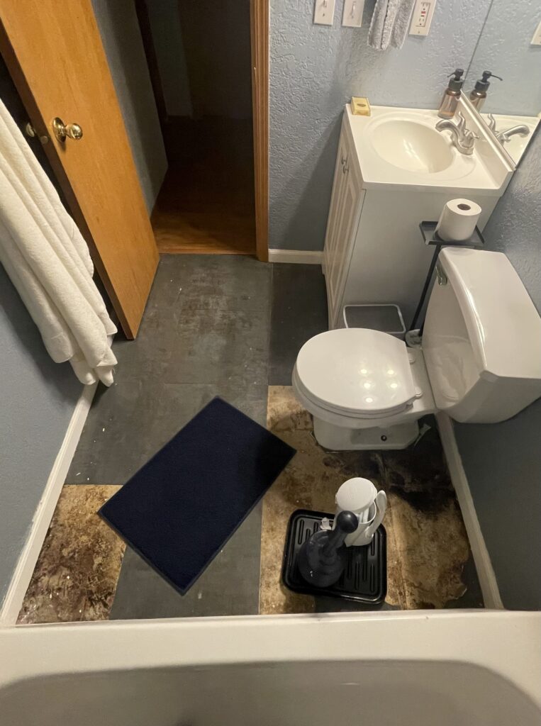 Bathroom existing conditions with damaged floor before remodel by Action Craftworks in Vancouver, WA