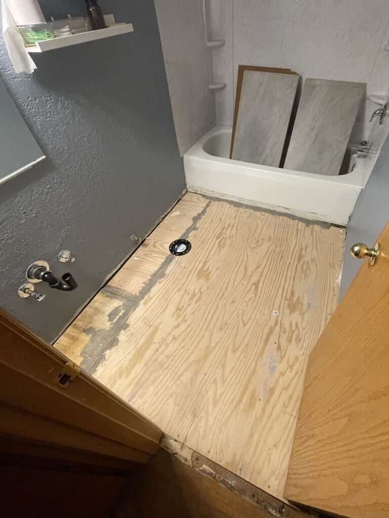 Bathroom remodel with new plywood subfloor by Action Craftworks in Vancouver, WA