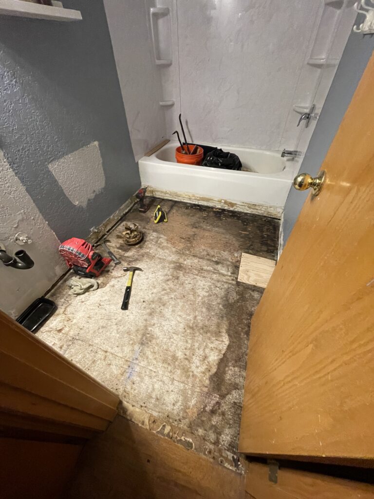 Bathroom remodel with particleboard subfloor removed by Action Craftworks in Vancouver, WA