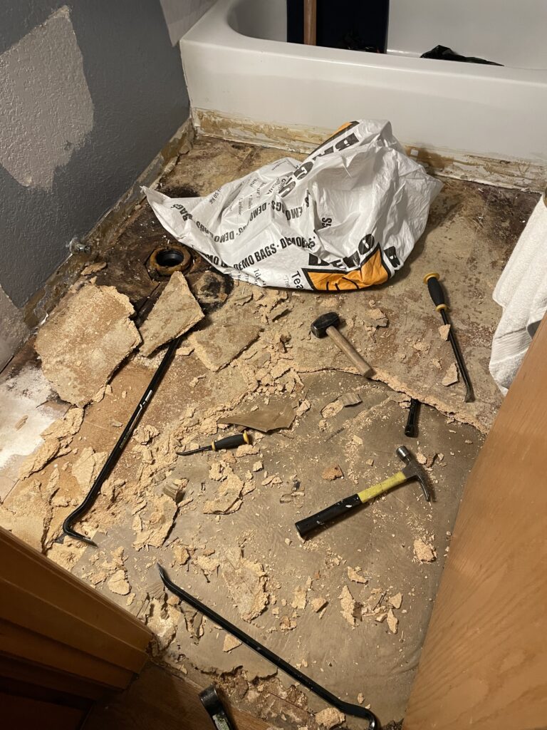 Bathroom renovation, particleboard removal by Action Craftworks LLC in Vancouver, WA