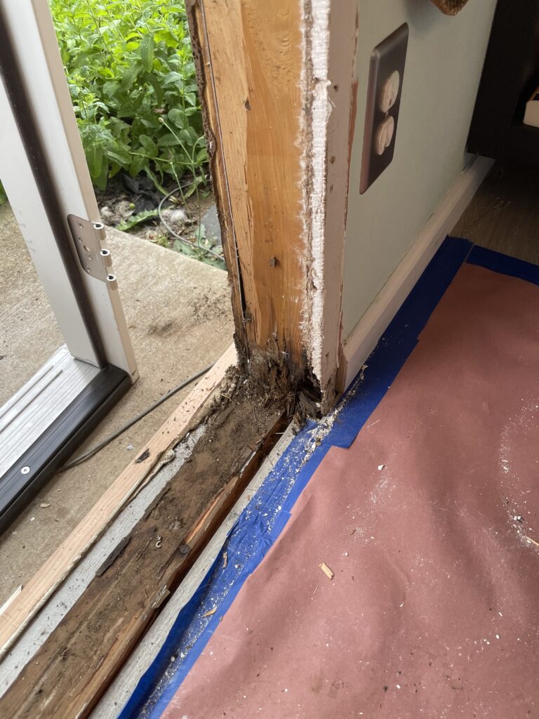 Discovered dry rot in existing door frame as part of new french door installation by Action Craftworks LLC in Vancouver, WA