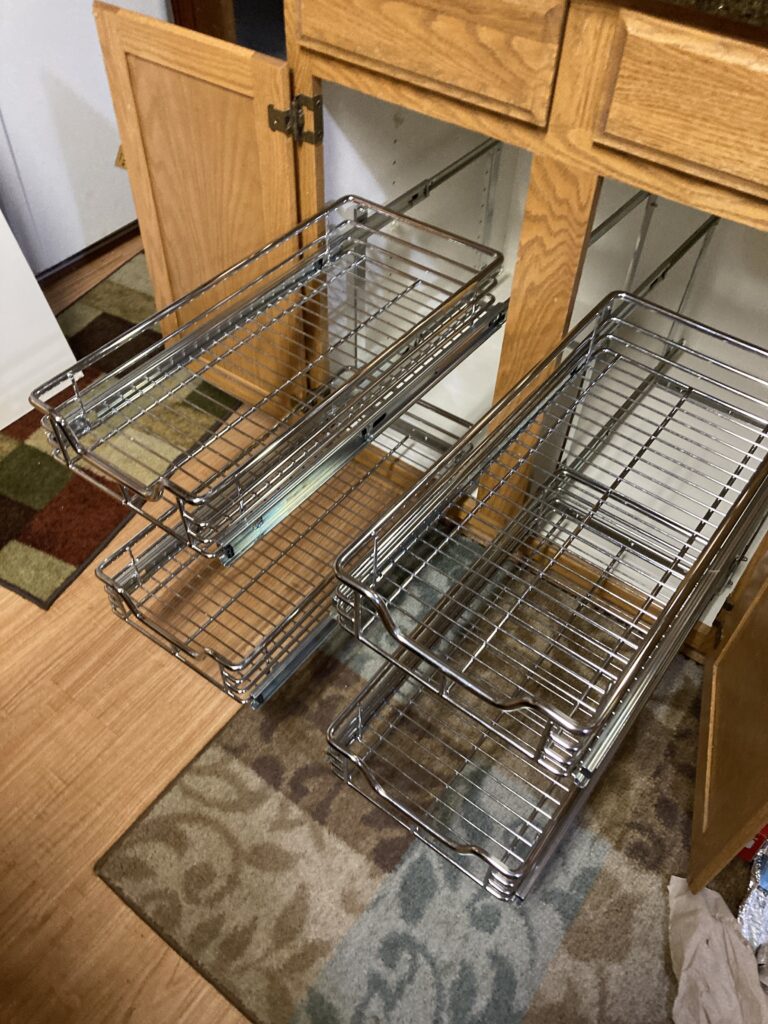 Kitchen renovation, full depth pull out kitchen cabinet storage shelves by Action Craftworks LLC in Vancouver, WA