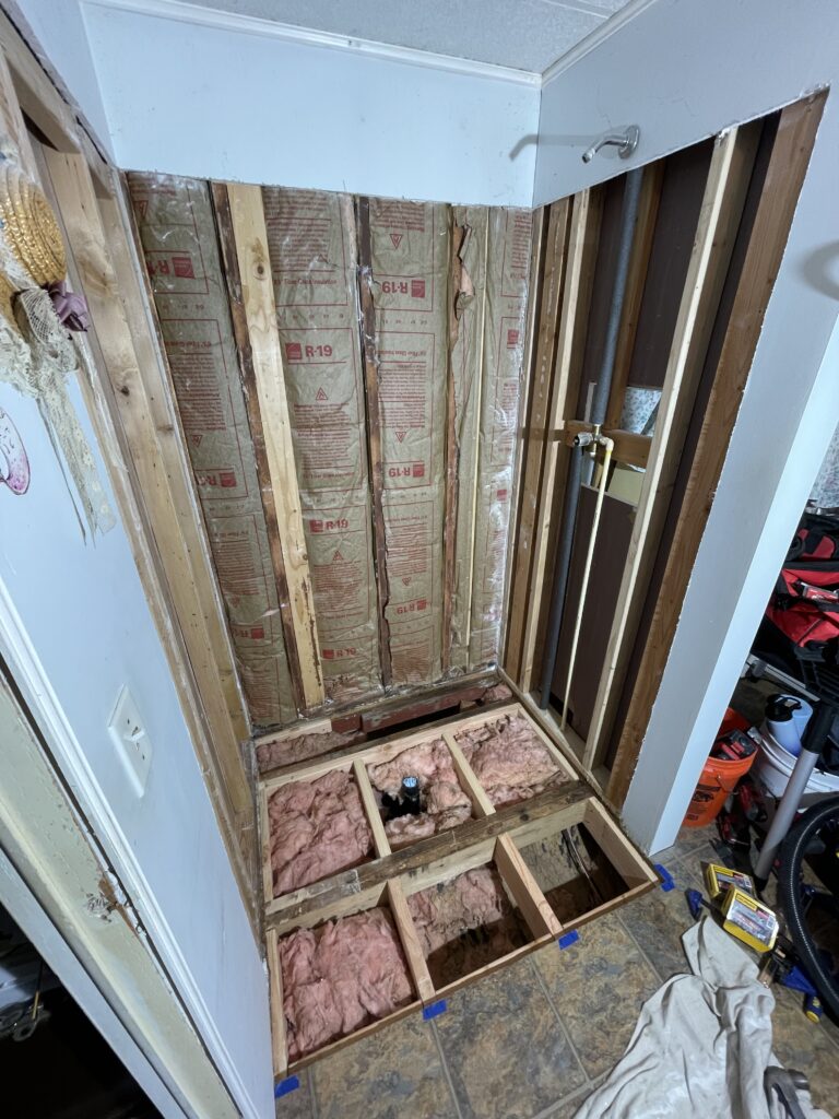 shower, drywall, and floor removed for new shower by Action Craftworks LLC in LaCenter, WA